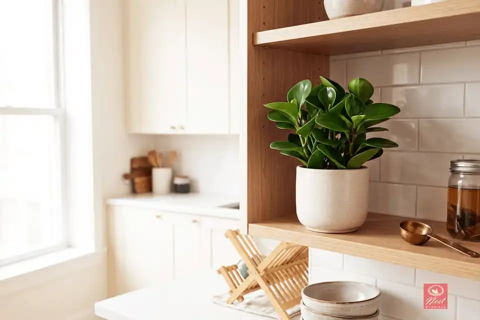 Compact Peperomia plant in a small pot on an open shelf in a small kitchen
