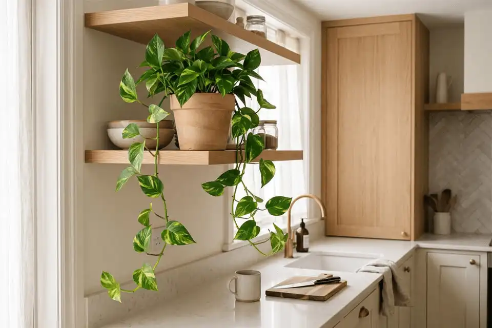 Pothos plant with trailing variegated vines placed on an open kitchen shelf above the countertop
