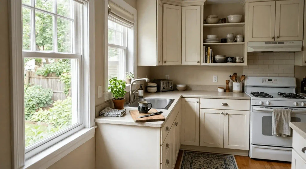 Bright, lived-in American kitchen featuring warm white cabinets with brushed metal hardware, a coffee mug and cutting board on the countertop, and soft natural sunlight streaming through a window.
