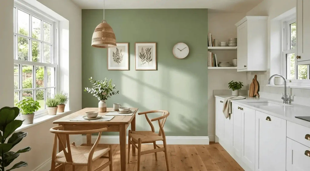 A bright kitchen featuring a sage green accent wall, light wooden dining table with Wishbone-style chairs, woven pendant light, white cabinetry, and potted herbs near large windows.
