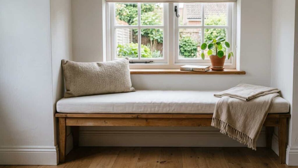 Simple window nook with one cushion, one pillow and a soft throw blanket in a bright home interior.