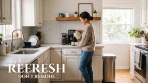 Woman pouring coffee in a bright, modern small kitchen with white cabinets, wooden open shelving, herringbone tile backsplash, and text overlay reading "REFRESH DON'T REMODEL".