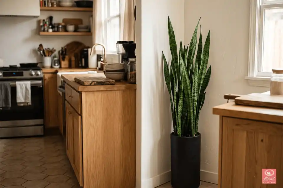 Snake Plant with upright variegated leaves placed in a narrow corner of a modern kitchen
