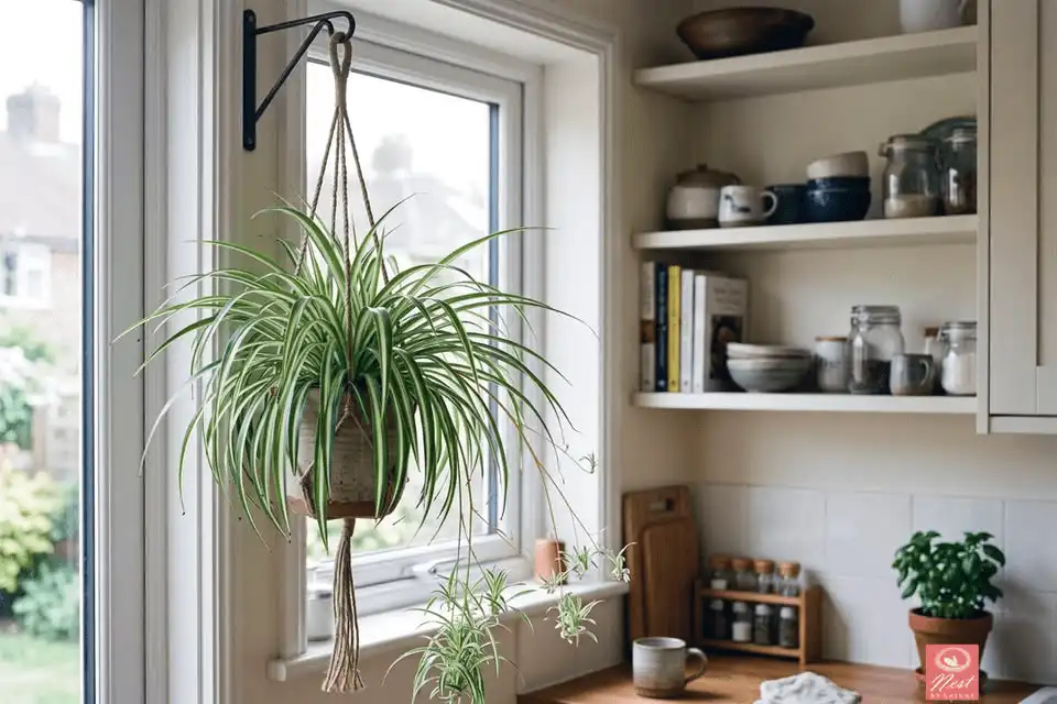 Spider Plant with arching striped leaves growing in a hanging planter in a bright kitchen
