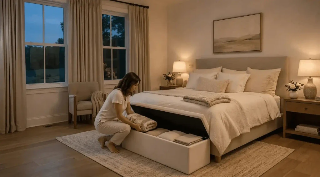 A woman packing neatly folded blankets into an open beige storage bench at the foot of her bed in a cozy neutral bedroom.