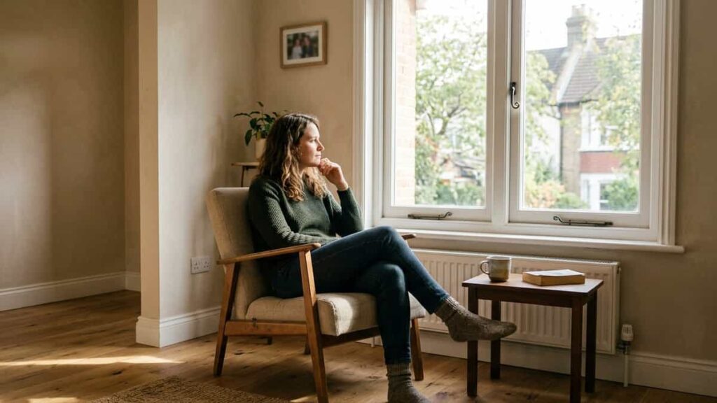 Woman sitting in a movable armchair beside a sunny window to test the space before creating a window nook.