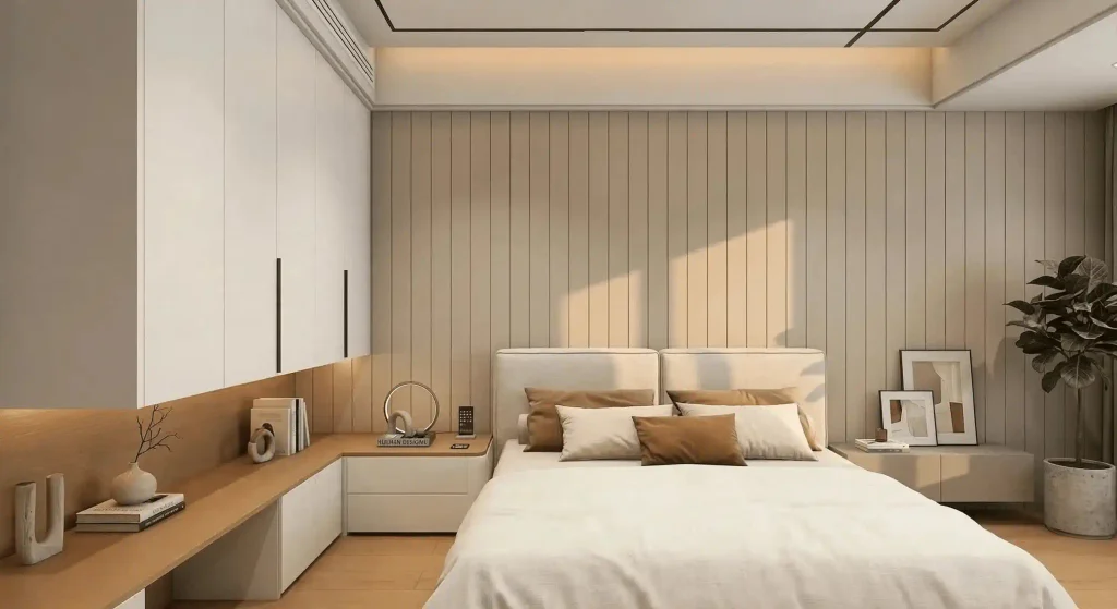 Modern bedroom interior featuring a full warm-toned vertical wood slat accent wall behind a beige upholstered bed with neutral bedding and sleek white built-in storage cabinets.