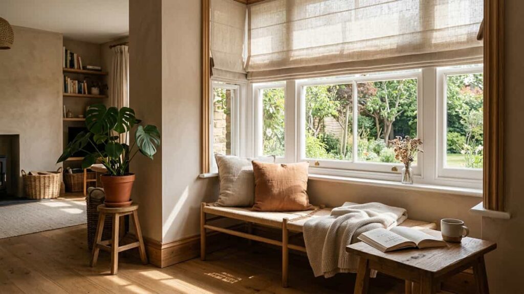 Window nook with a partially lowered blind filtering strong afternoon sunlight beside a chair and houseplant.
