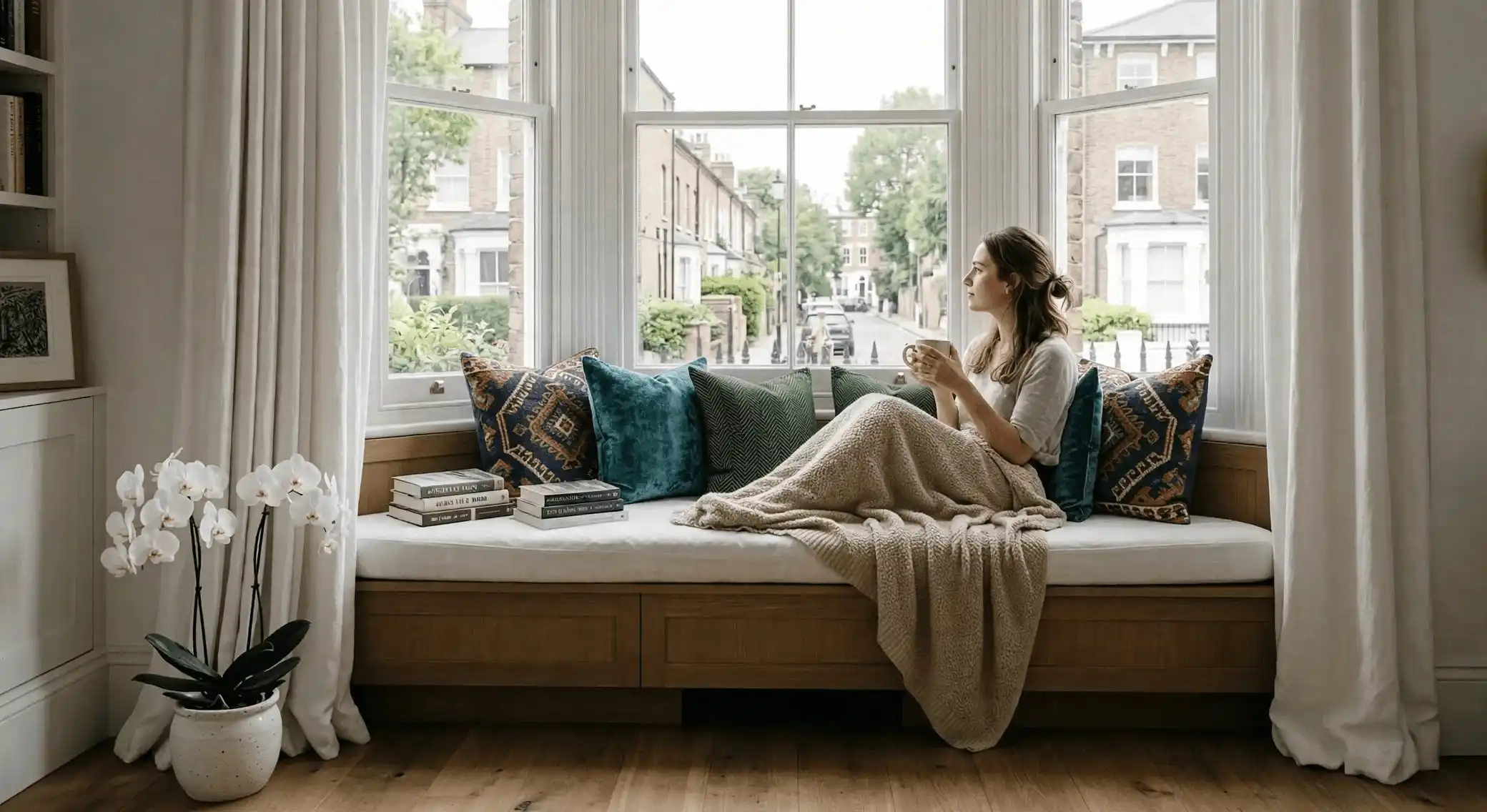 A woman sitting on a cushioned wooden bay window seat, wrapped in a blanket while holding a warm mug and looking out at a residential street.