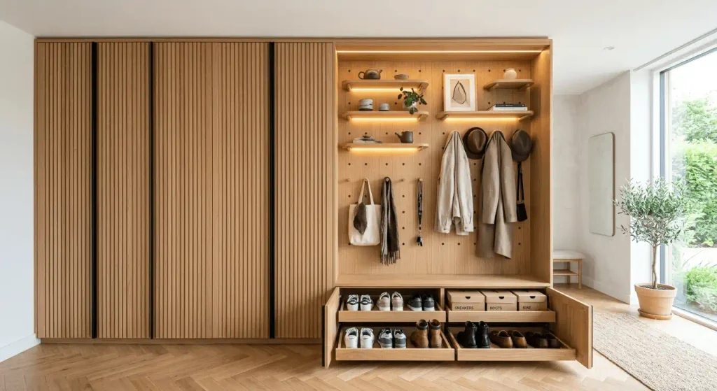 Custom Wooden Pegboard Wardrobe & Entryway Organizer