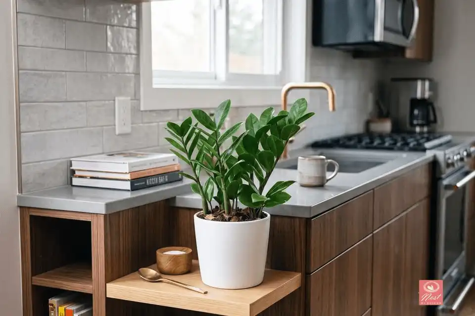 ZZ Plant with glossy green leaves placed in a modern kitchen with moderate natural light
