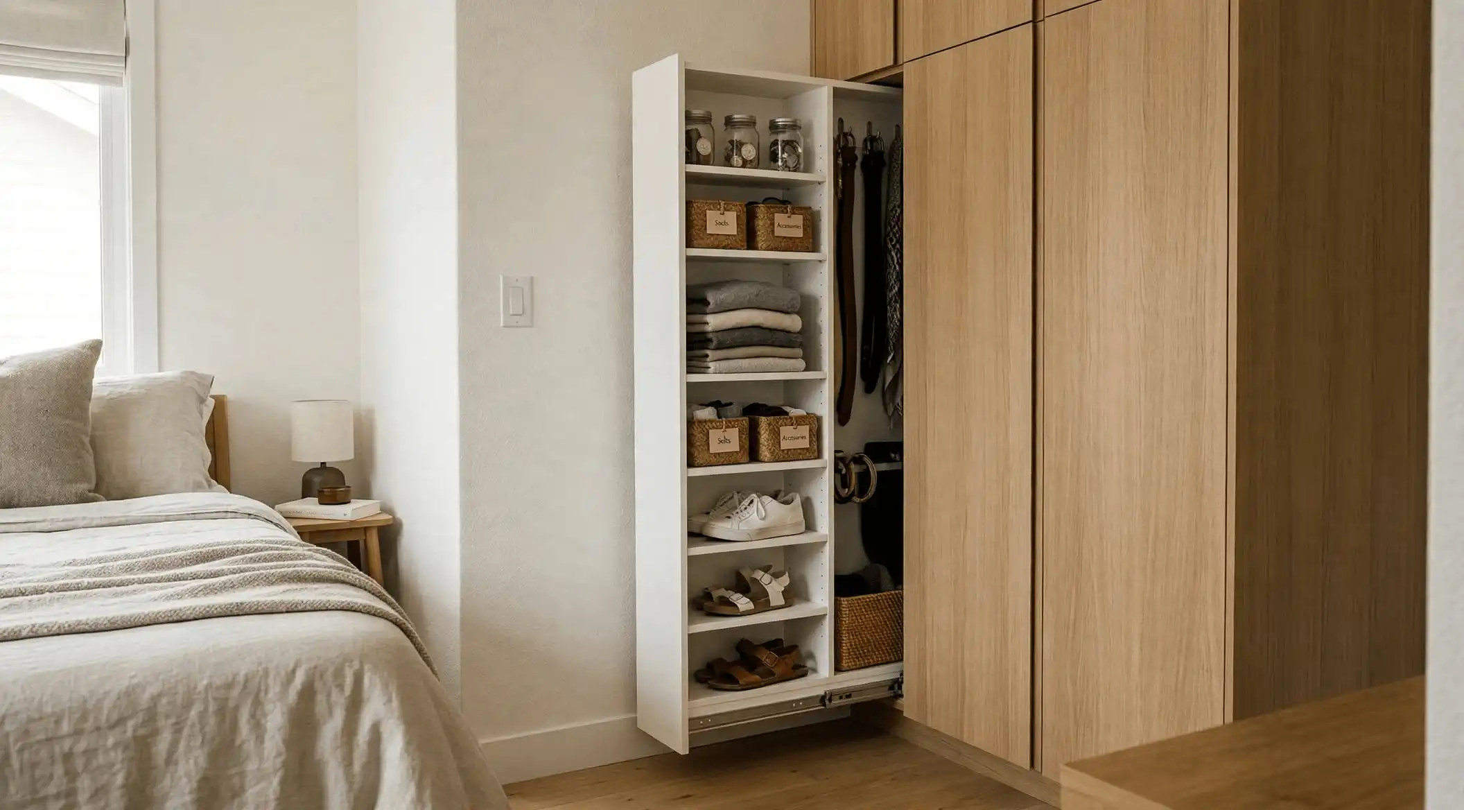 Photorealistic interior photograph showing a modern bedroom with a narrow white pull-out cabinet extended from between a wall and a light wood wardrobe. The cabinet features neatly organized shelves holding folded sweaters, shoes, small storage baskets, and hanging belts.