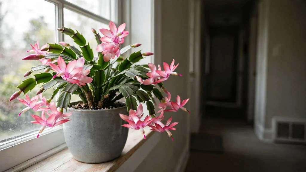 Christmas cactus placed in a bright area near a window in a home interior