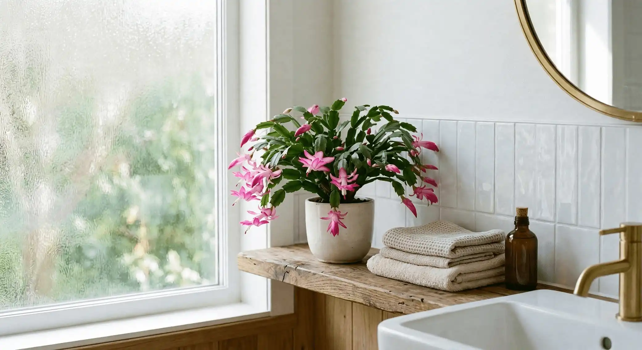 Pink flowering Christmas cactus on a wooden shelf in a bright bathroom