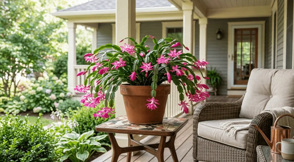 Pink flowering Christmas cactus on a plant table under a covered porch