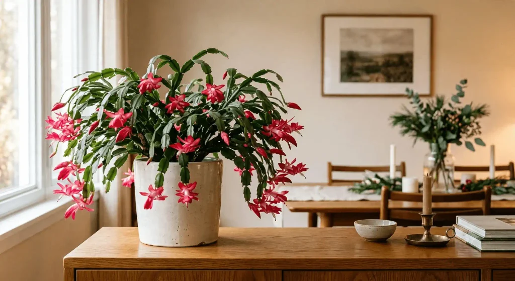 Red-pink flowering Christmas cactus displayed on a wooden dining room sideboard