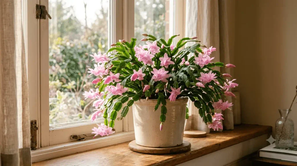 Christmas cactus with pink flowers on an east-facing windowsill