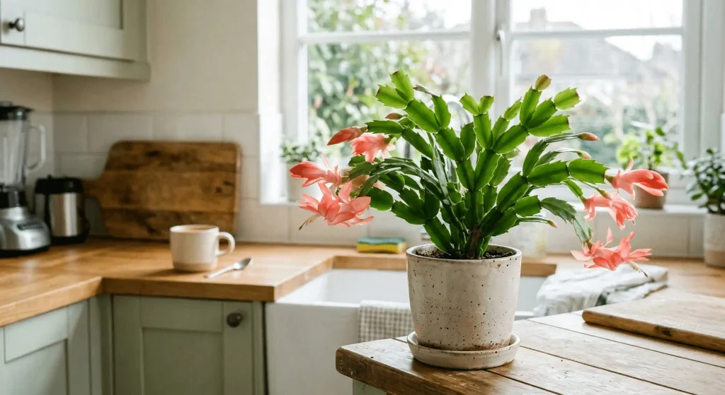 Compact Christmas cactus with pink flowers on a bright kitchen windowsill