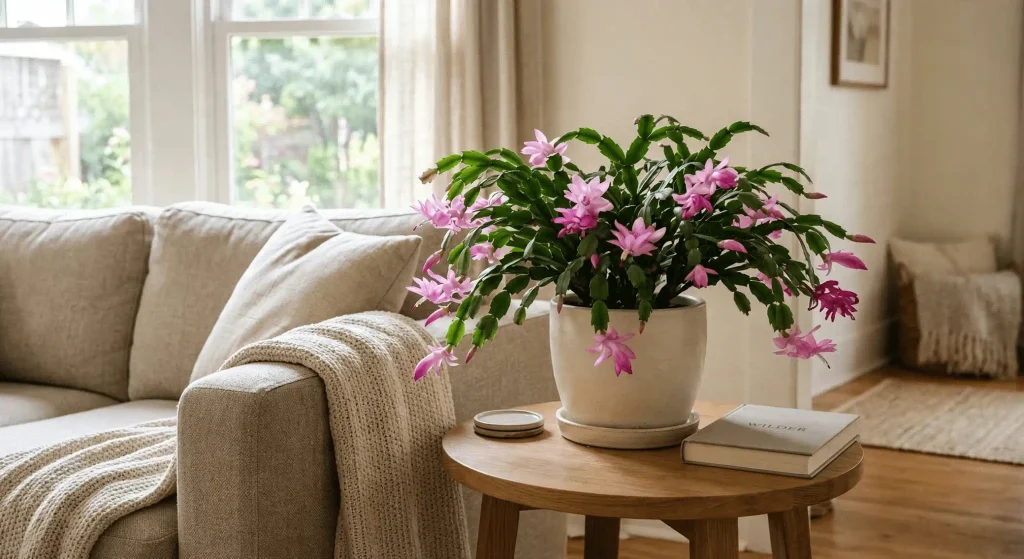Flowering Christmas cactus on a side table beside a living room sofa