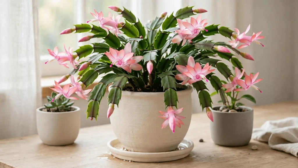 Flowering Christmas cactus in a ceramic pot with a drainage saucer