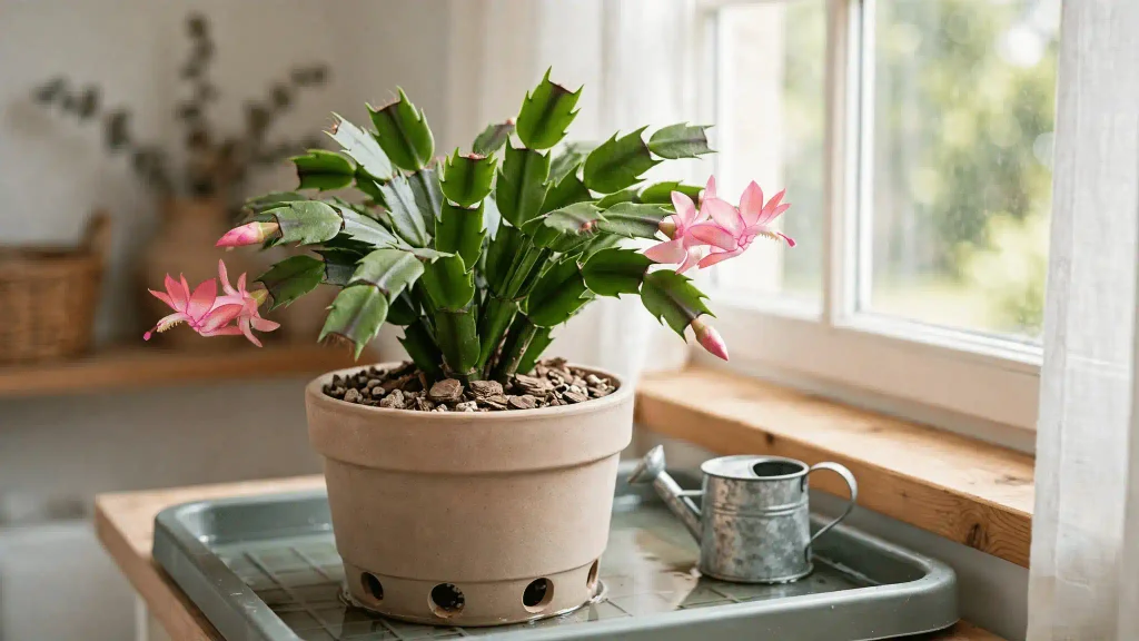 Christmas cactus in a draining pot beside a watering can near a bright window