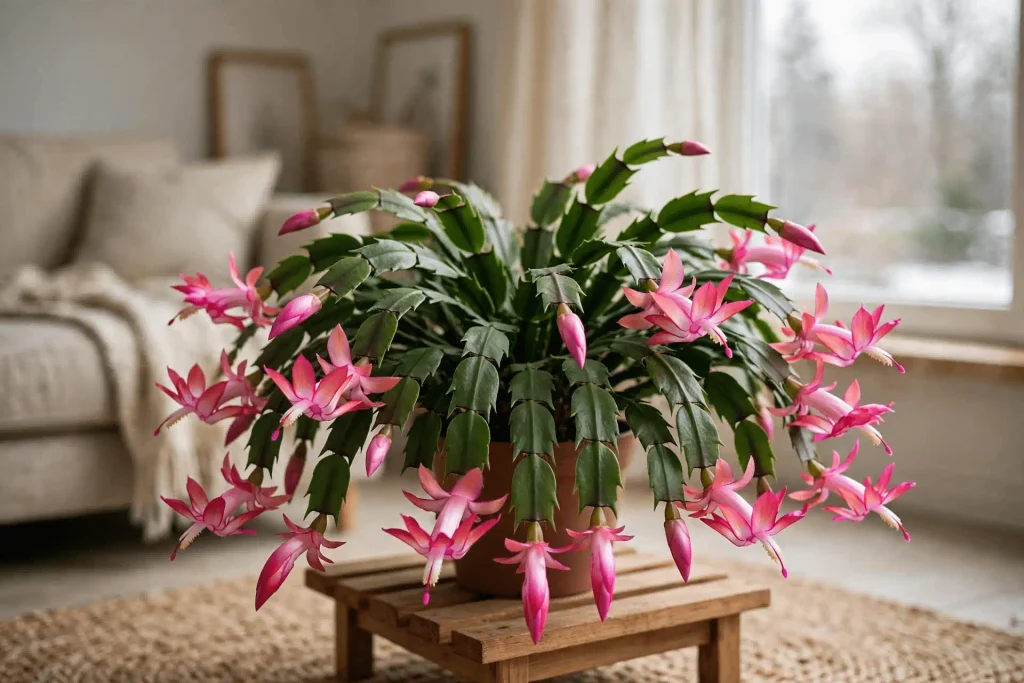 Christmas cactus blooming with pink flowers beside a bright window