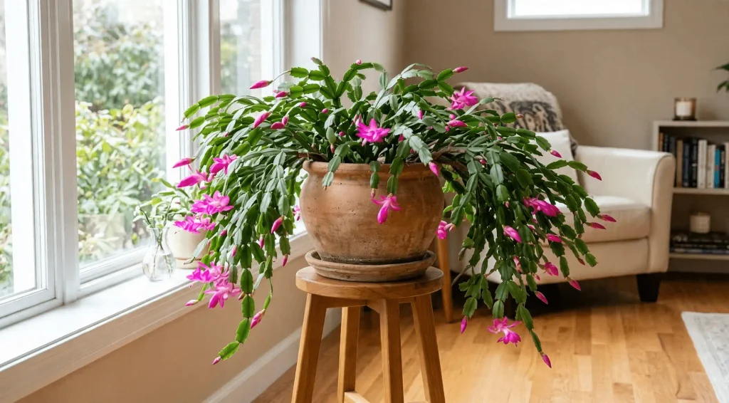 Mature Christmas cactus with arching stems displayed on a wooden plant stand