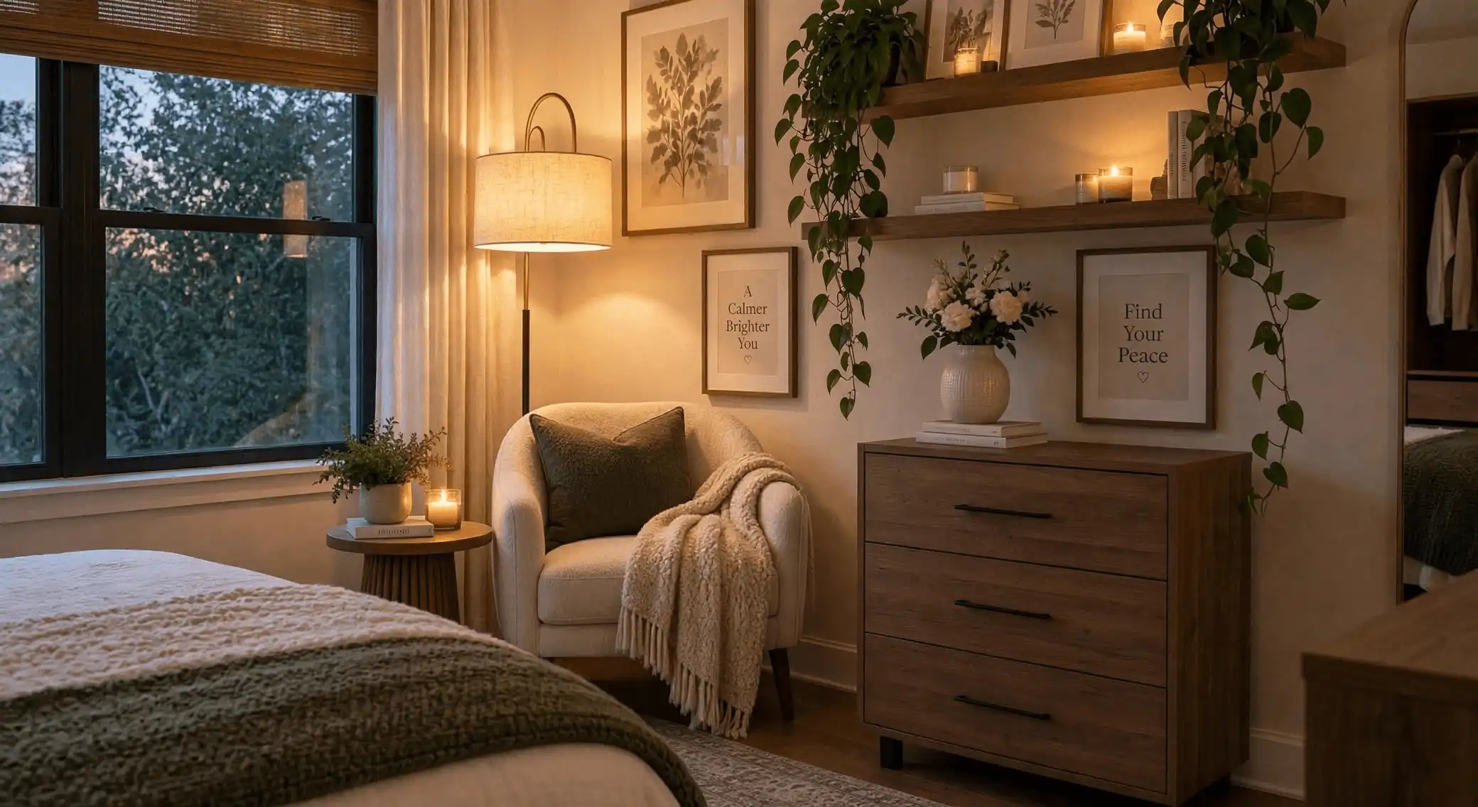 A cozy bedroom window corner featuring a cream armchair, warm floor lamp, wooden dresser, and floating wall shelves with houseplants.