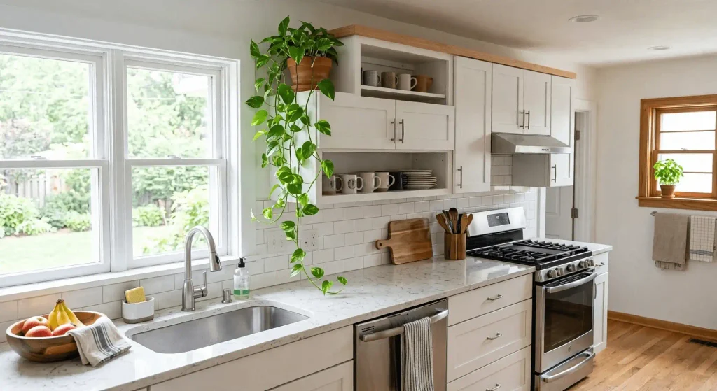 Golden Pothos trailing from the top of white kitchen cabinets in a bright kitchen