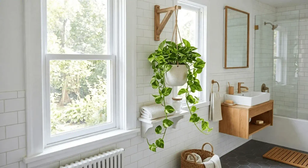 Golden Pothos hanging beside a bright bathroom window against white tile