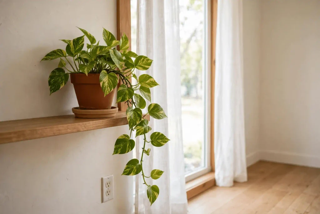 Healthy Golden Pothos on a shelf beside a bright window in a home interior