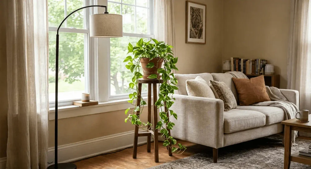 Golden Pothos on a tall plant stand in an empty living room corner beside a bright window