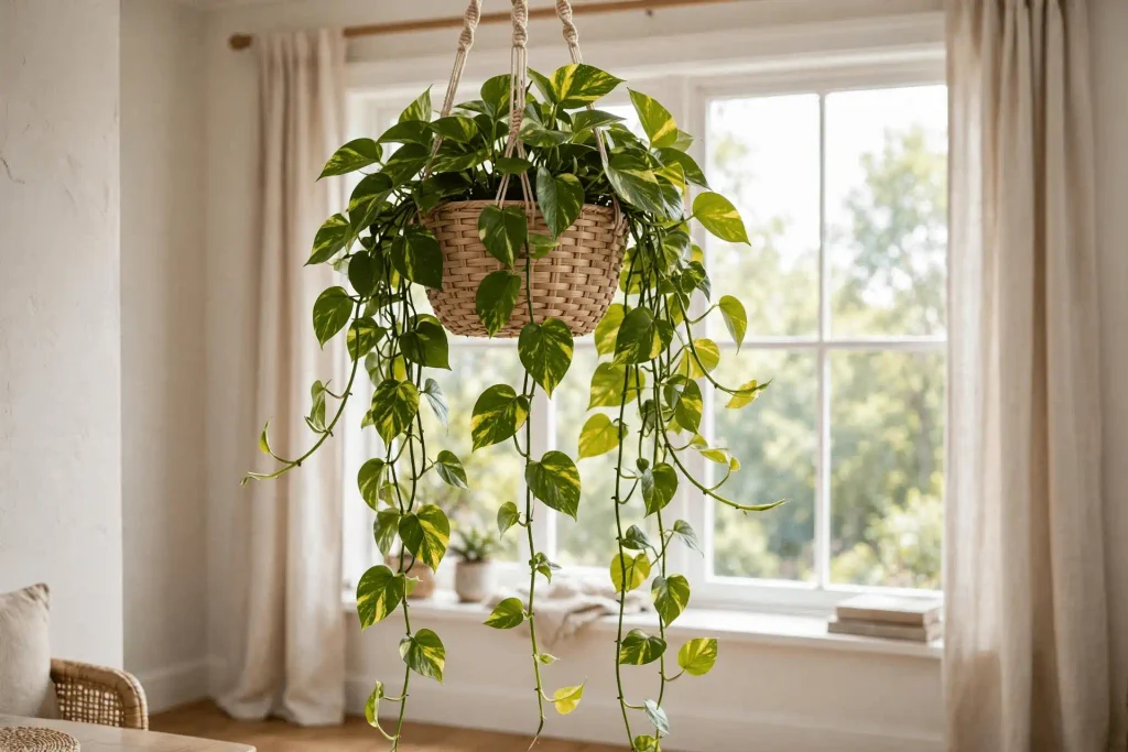 Golden Pothos with long cascading vines in a hanging planter near a bright window