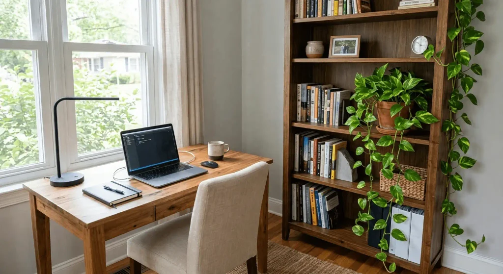 Golden Pothos trailing from a bookshelf beside an uncluttered home office desk