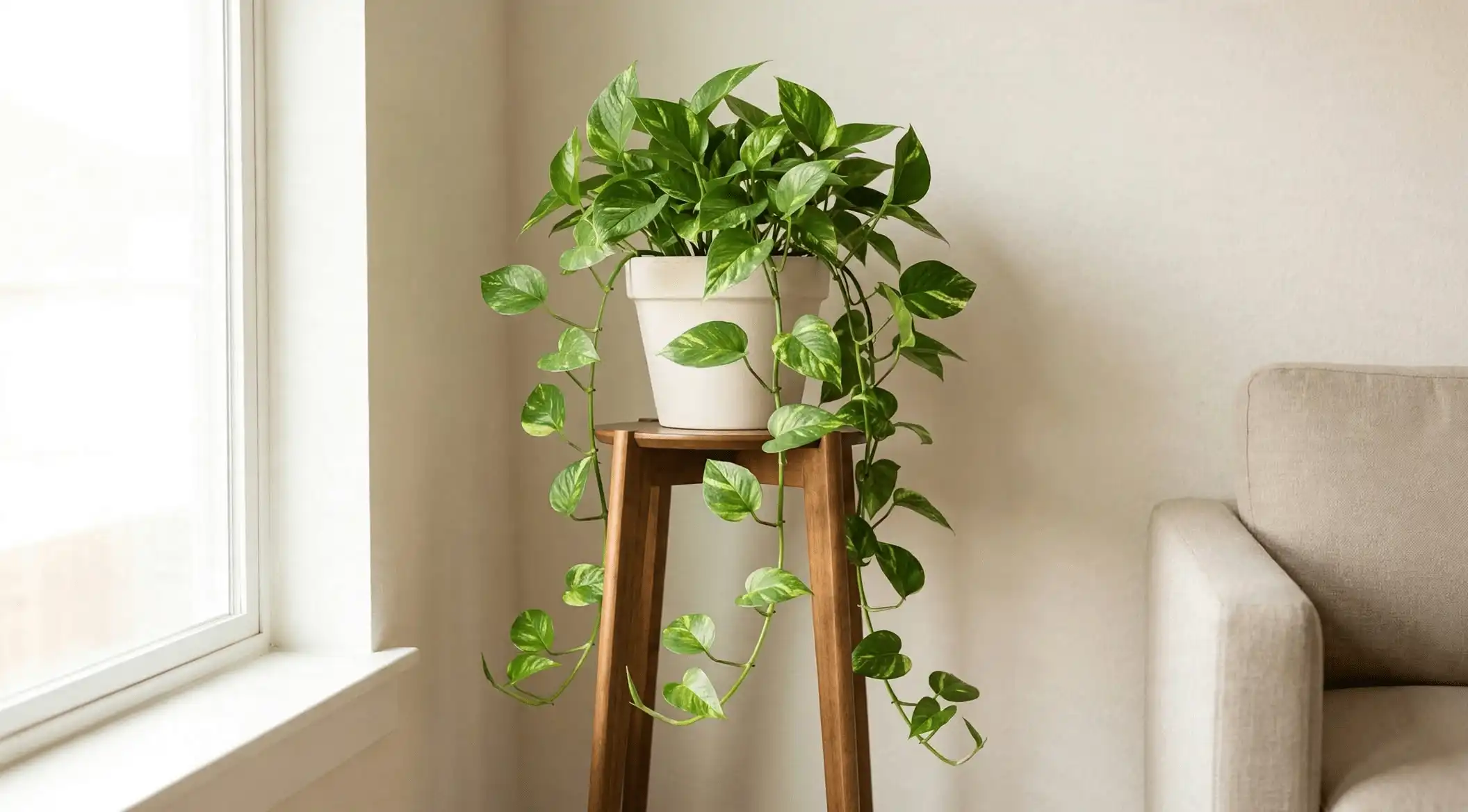 A healthy Golden Pothos plant with trailing vines in a neutral pot, displayed on a wooden plant stand in a bright living room corner next to a window.
