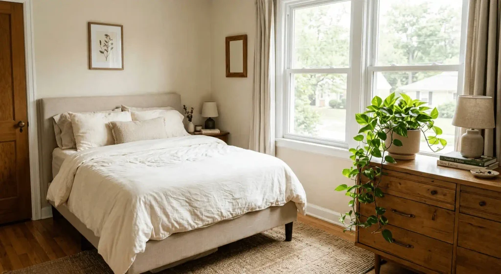 Golden Pothos trailing from a wooden dresser beside a bright bedroom window