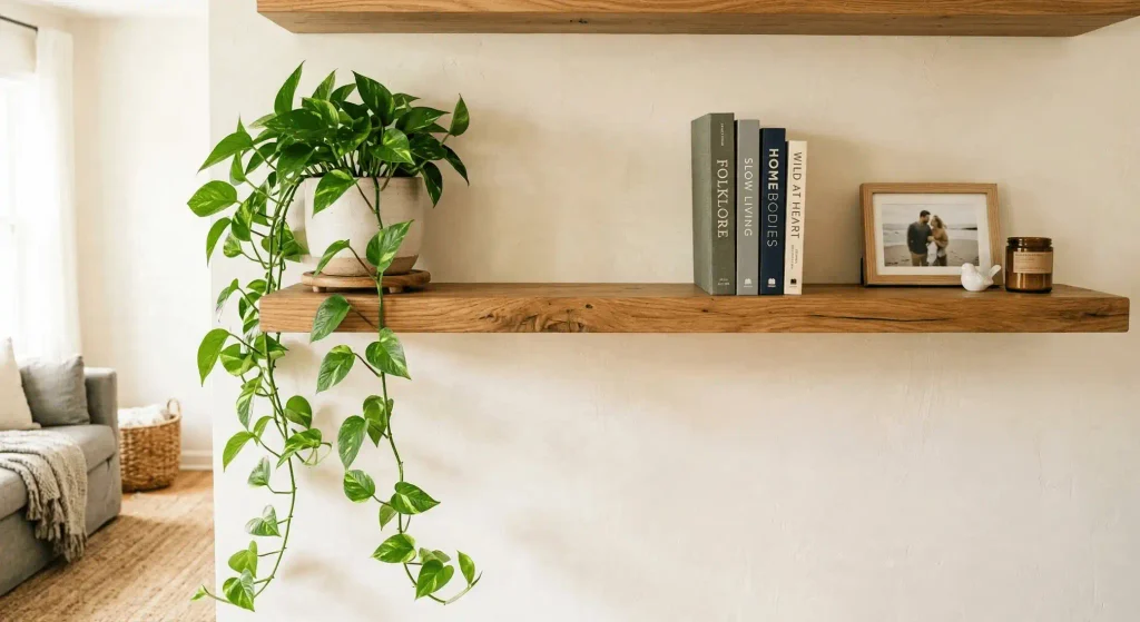 Golden Pothos trailing from the end of a wooden floating shelf beside books and a framed photograph