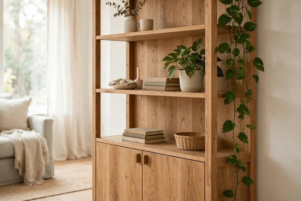 Golden Pothos cascading from a shelf beside a tall wooden cabinet