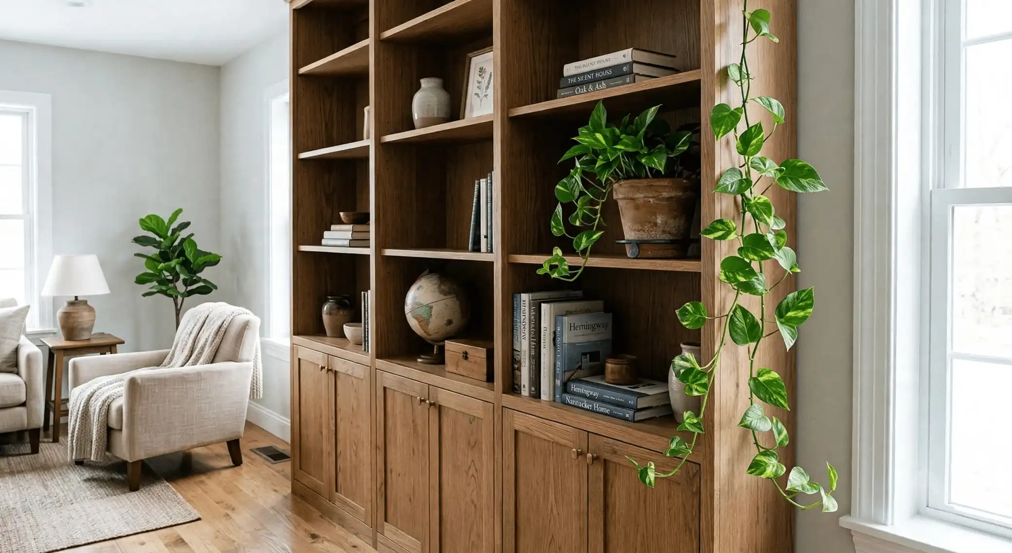 Golden Pothos trailing from a bookshelf beside an armchair in a cozy reading nook