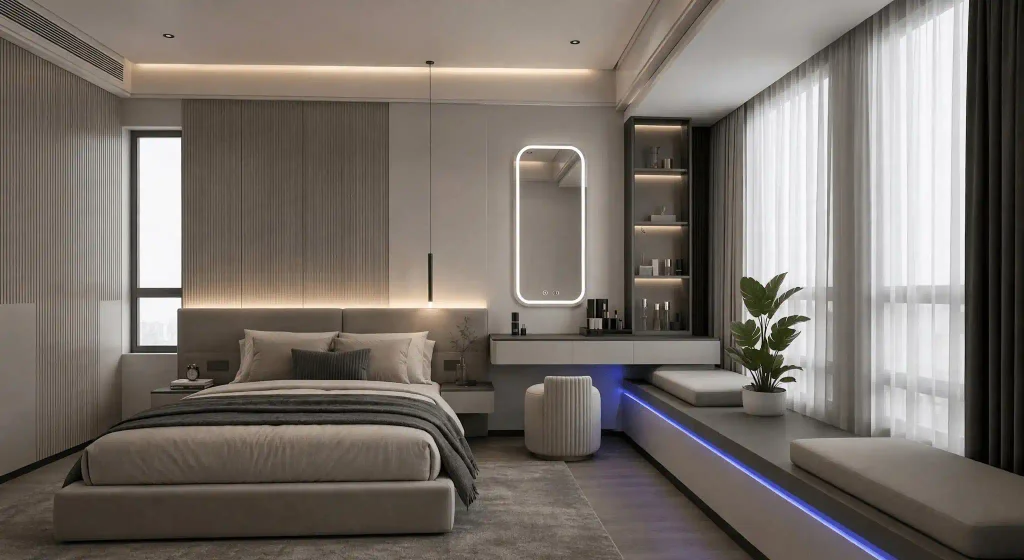 Modern minimalist bedroom interior featuring a low-profile bed, ribbed wall paneling, a floating vanity with a glowing LED mirror, and a window seat bench with blue ambient lighting.