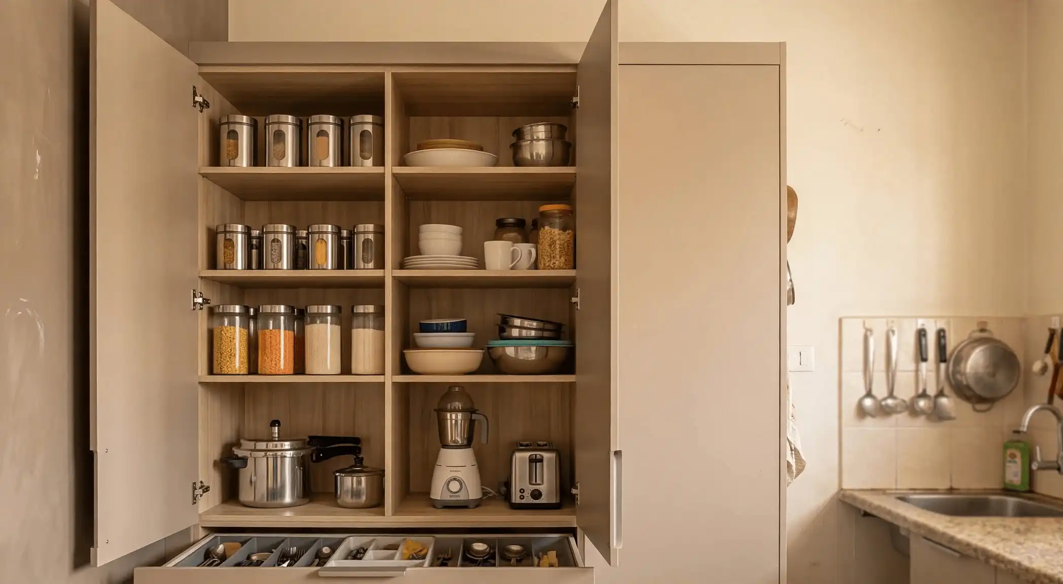 Open modern beige modular kitchen pantry cabinet with organized shelves containing stainless steel containers, glass jars with pulses and grains, ceramic bowls, pressure cooker, mixer grinder, toaster, and pull-out cutlery drawer beside kitchen sink