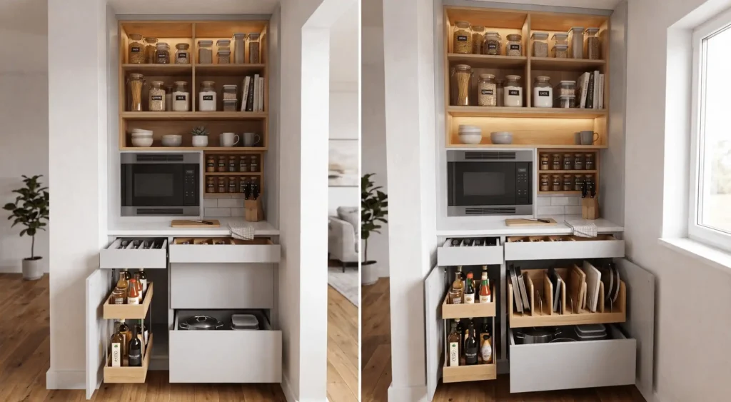 Side-by-side view of a modern white kitchen pantry cabinet with open shelves holding glass jars, a built-in microwave, and smart pull-out drawers organizing spices, bottles, cutting boards, baking trays and pots