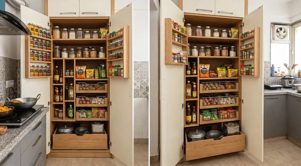 Two views of a tall wooden kitchen pantry cabinet with both doors open, revealing neatly organized shelves filled with glass jars of grains and spices, door-mounted spice racks, cooking oils, packaged snacks, and three pull-out wire baskets holding potatoes, onions, and packets, with a large pull-out drawer at the bottom for cookware.