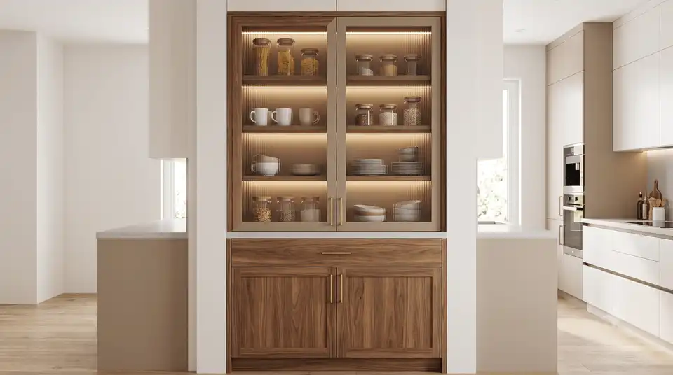 Tall walnut wood pantry cabinet with fluted glass doors, integrated LED lighting, and open shelving displaying jars, mugs, and plates in a modern minimalist beige kitchen
