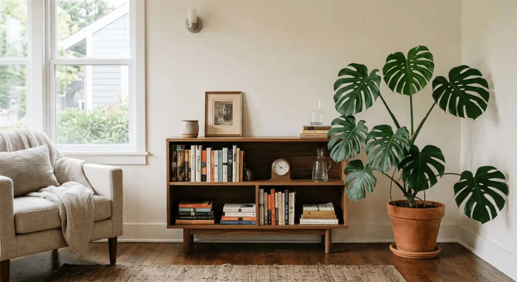 Monstera deliciosa beside a low wooden bookcase in a bright living room