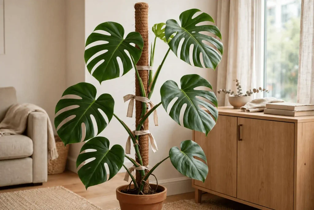 Monstera deliciosa trained upward on a coir support pole in a bright small apartment