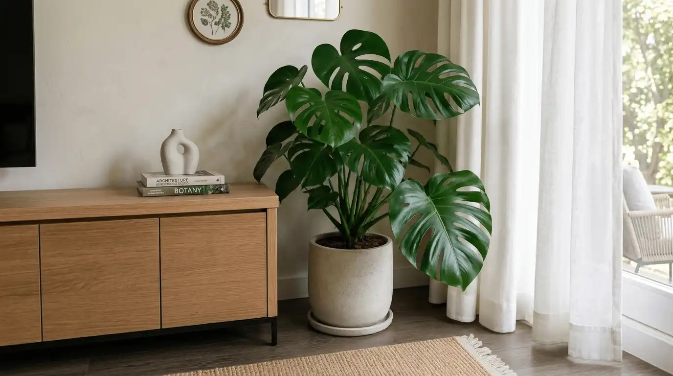 A lush, green Monstera deliciosa plant in a round concrete pot placed beside a light oak wooden console cabinet and sheer white curtains in a bright, modern living room.