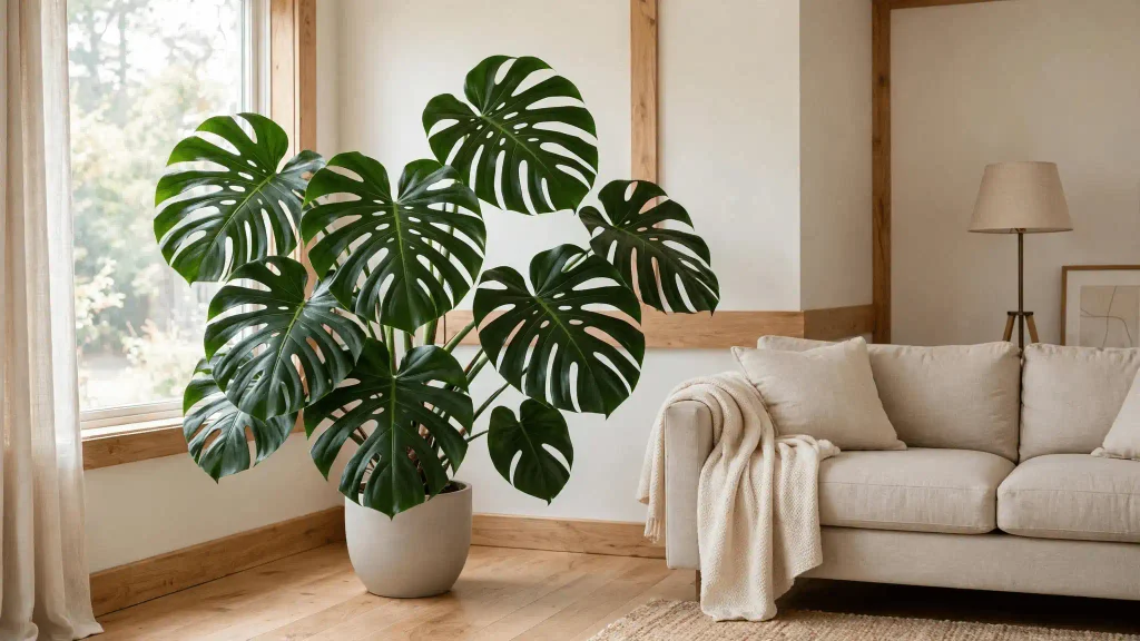 Mature Monstera deliciosa in a floor pot in an empty living room corner beside a bright window