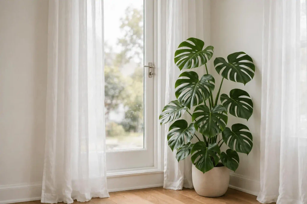 Monstera deliciosa beside a bright window with sheer curtains in a living room