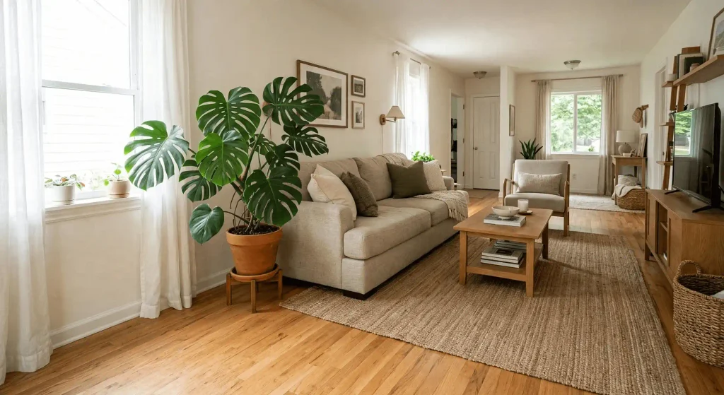 Monstera deliciosa in a floor planter beside one end of a beige living room sofa